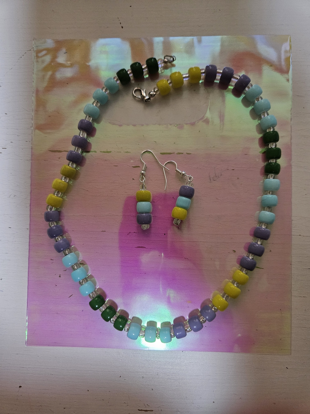 Handmade Multicolor Bead Necklace & Earrings Set - Yellow, Green, Purple, Blue